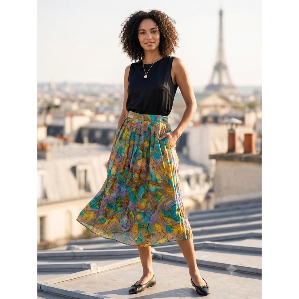 VTG 80s 90s Popy Moreni Paris Abstract Watercolor Silk Midi Skirt French Sz 6